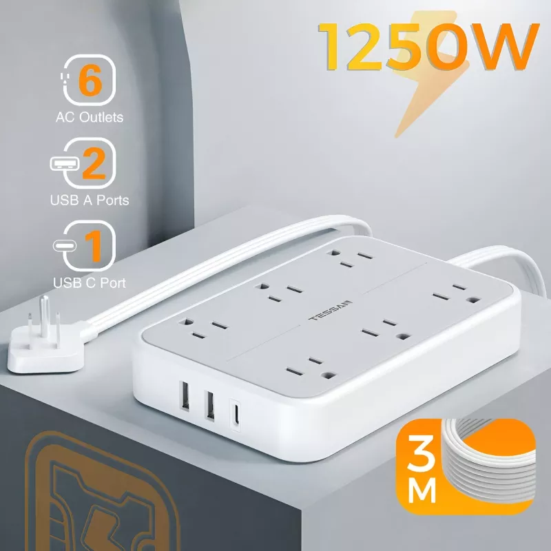 10FT Flat Extension Cord Power Strip with 6 Outlets