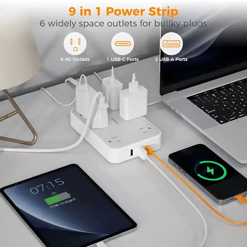 10FT Flat Extension Cord Power Strip with 6 Outlets